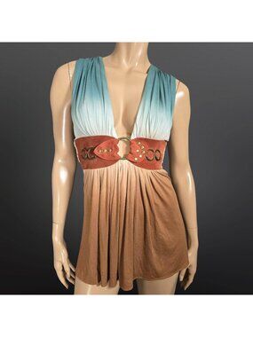 Y2K SKY Brand Babydoll Top Studded Suede Belt O Ring Teal Brown Ombre Size S